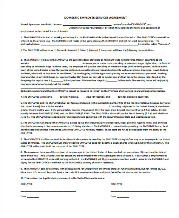 domestic employee service agreement form