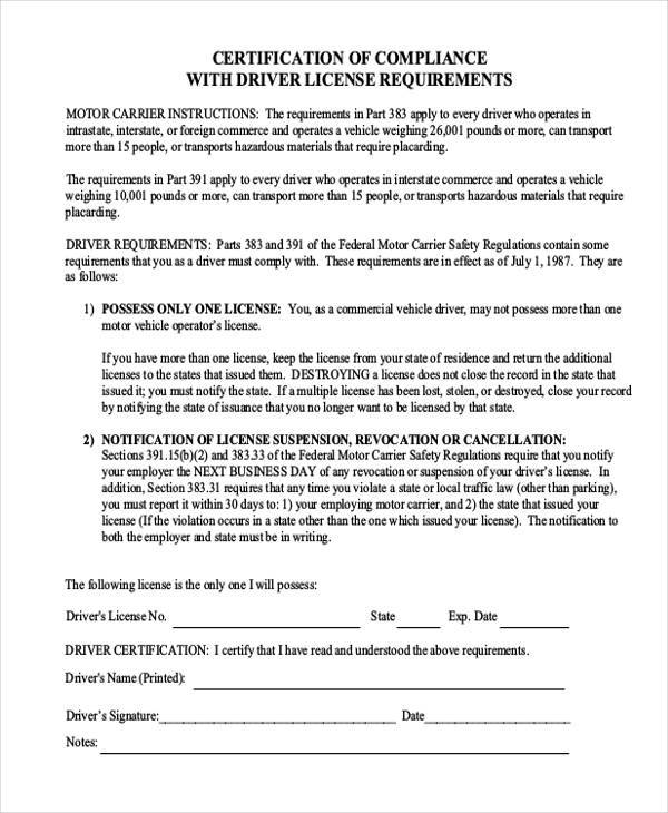 dot certificate of compliance form