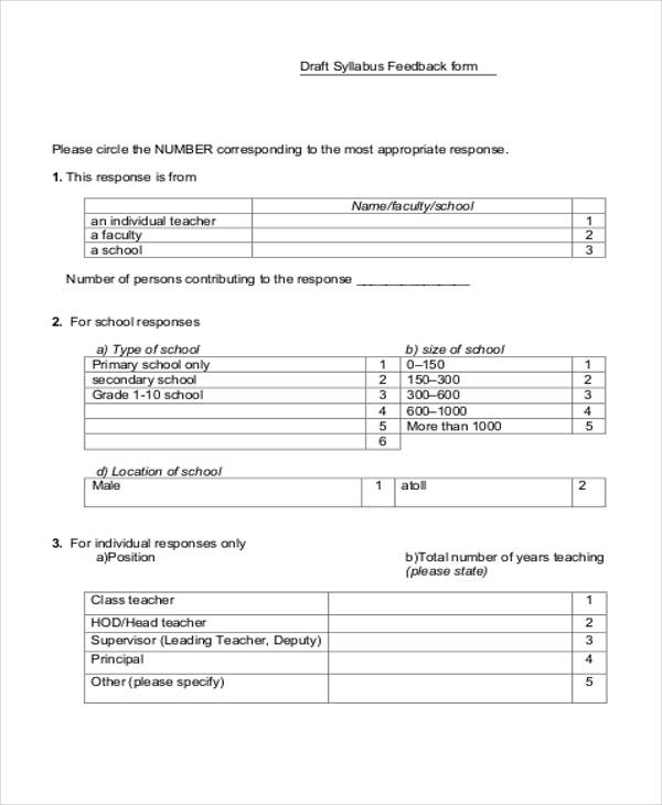 draft student feedback form