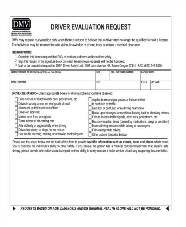 driver evaluation request form