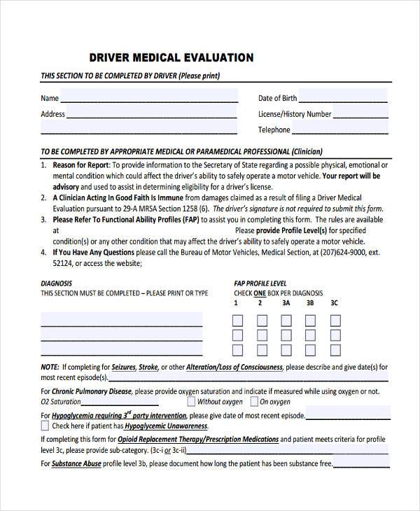 driver medical evaluation form
