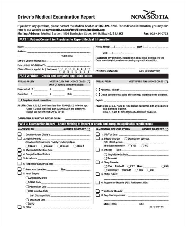 driver medical examination form