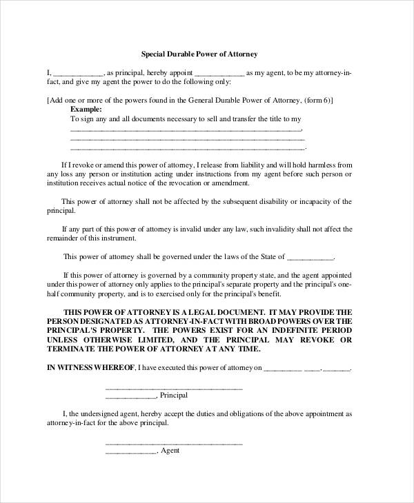 durable special power of attorney form