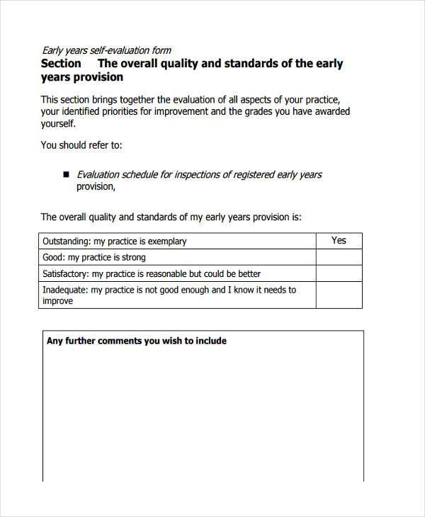 early years self evaluation form