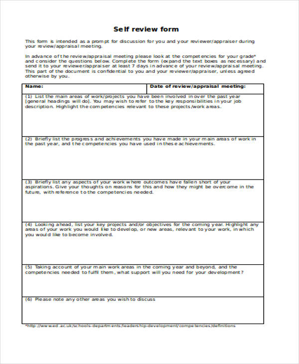 early years self review form