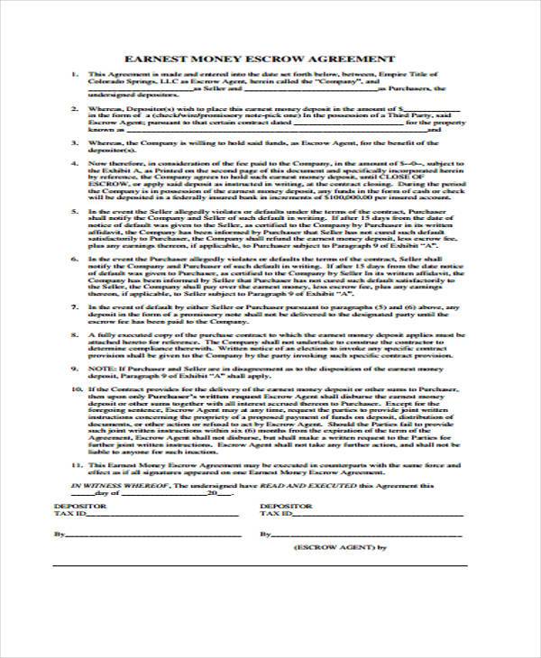 earnest money escrow account agreement form