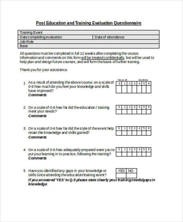 education training evaluation questionnaire form
