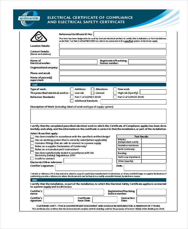 electrical certificate of compliance form