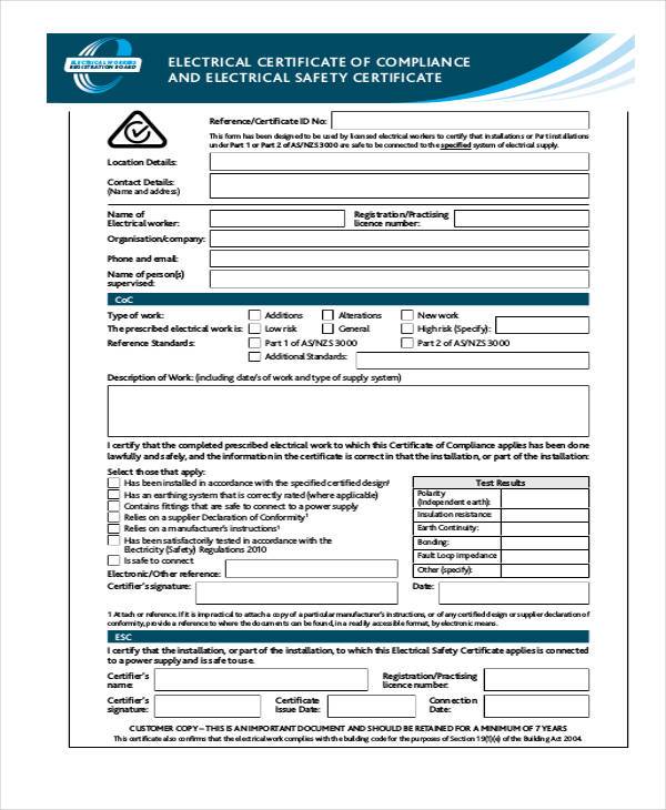 Certificate Of Compliance Form Template