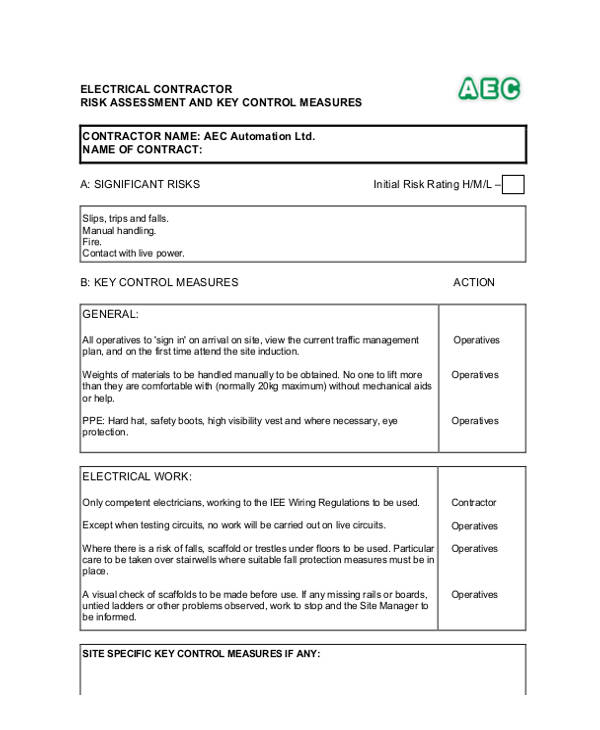 electricians generic risk assessment form1