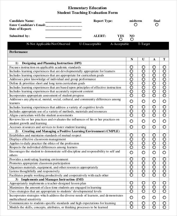 elementary education teaching evaluation form
