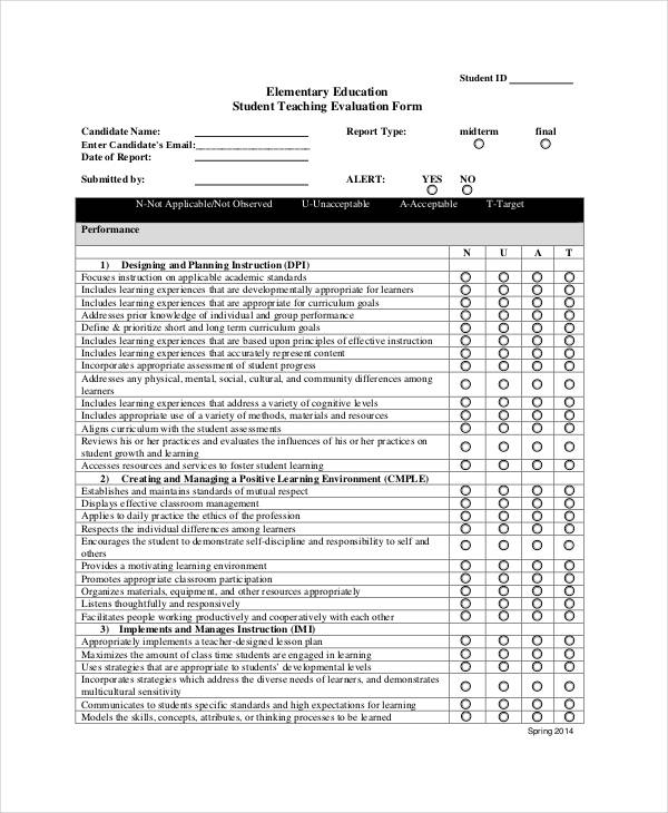 elementary student teaching evaluation form