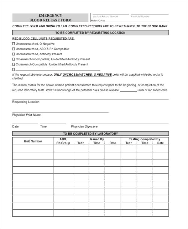 emergency blood release form template