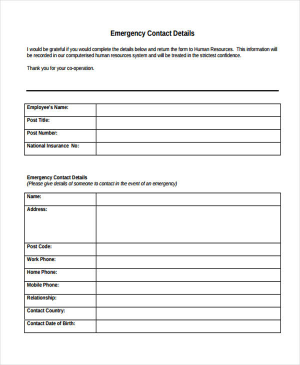 FREE 33 Emergency Contact Forms In PDF Excel MS Word