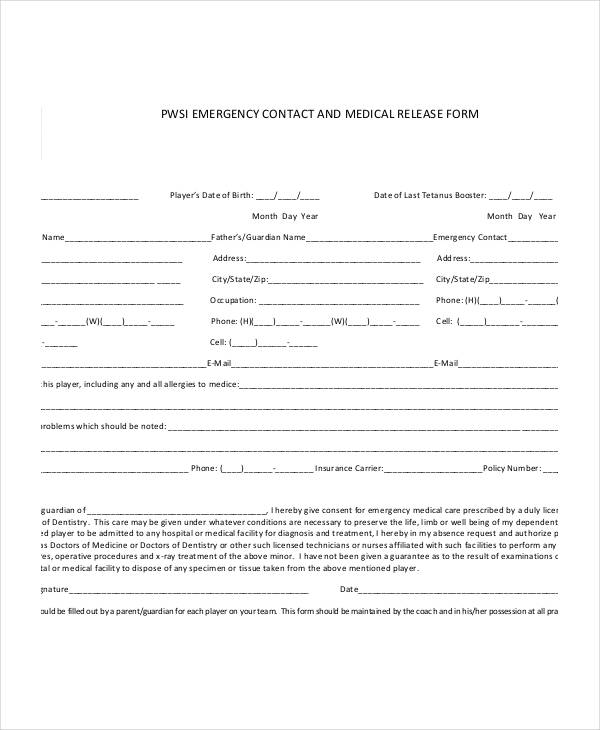 emergency contact medical release form
