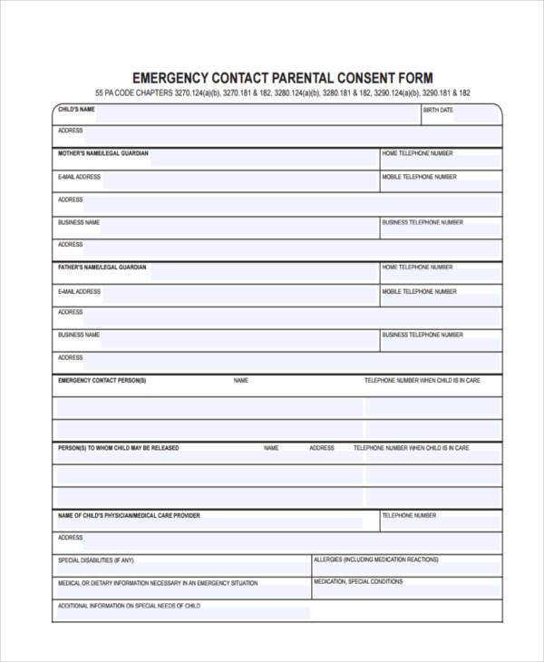 emergency contact parental consent form