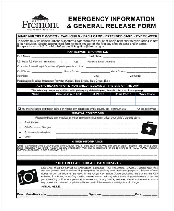 emergency information general release form