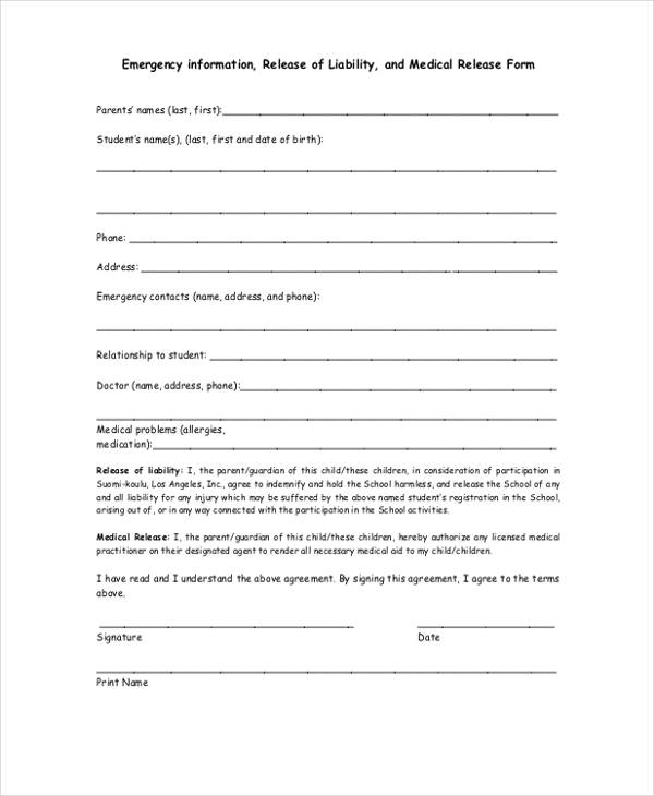 Free 21 Sample Emergency Release Forms In Pdf Ms Word 