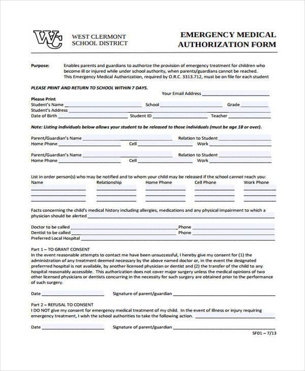 emergency medical authorization form