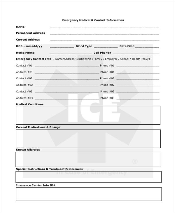 emergency medical contact information form