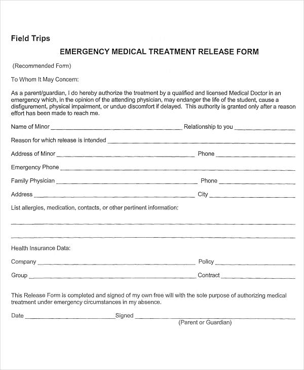 emergency medical treatment release form