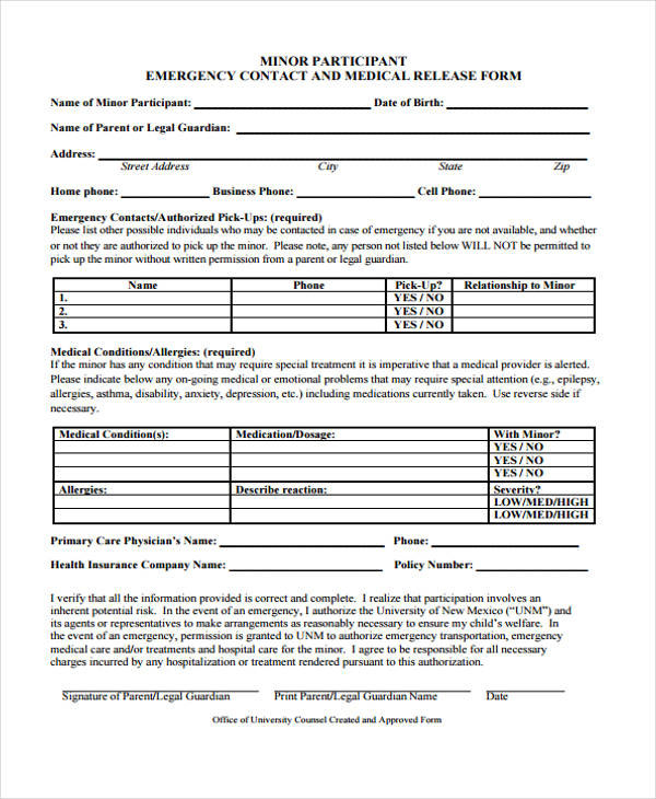 emergency minor medical release form