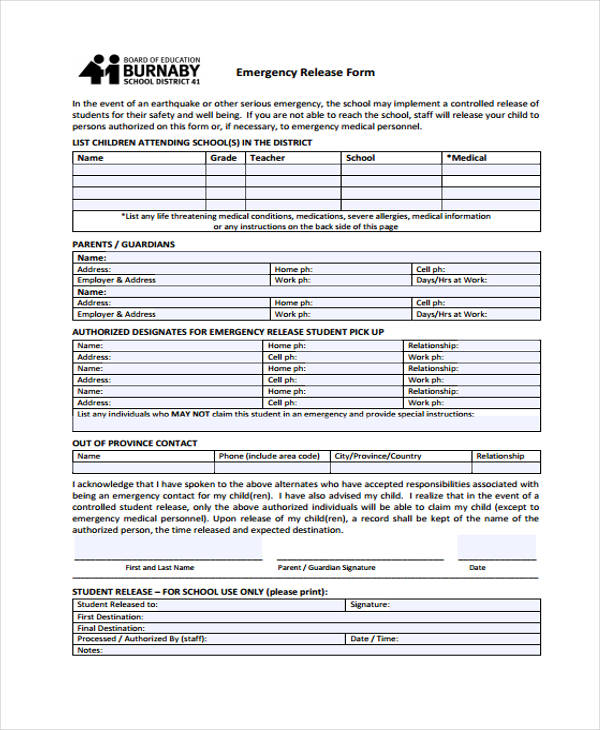emergency release authorization form sample