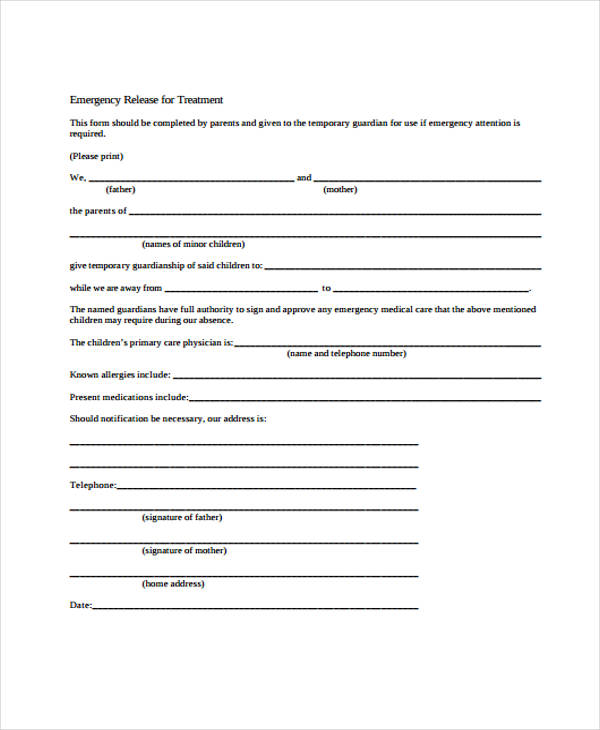 emergency release treatment form template
