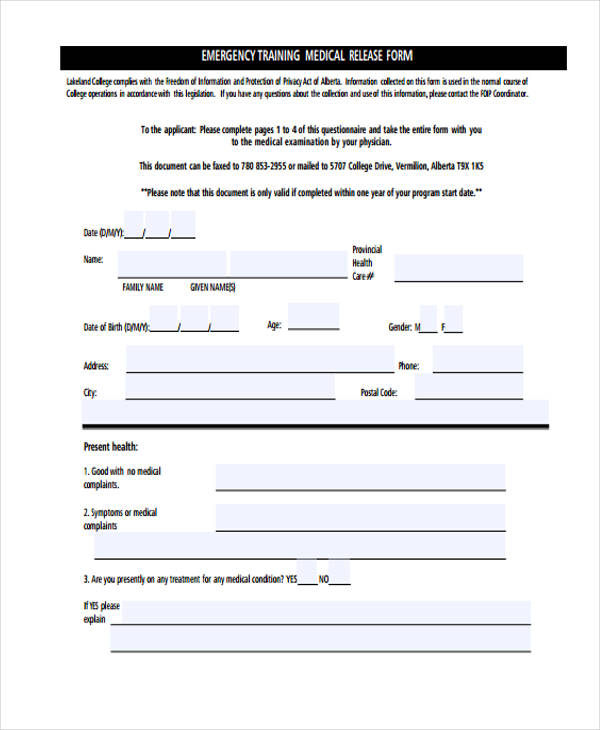 emergency training medical release form1