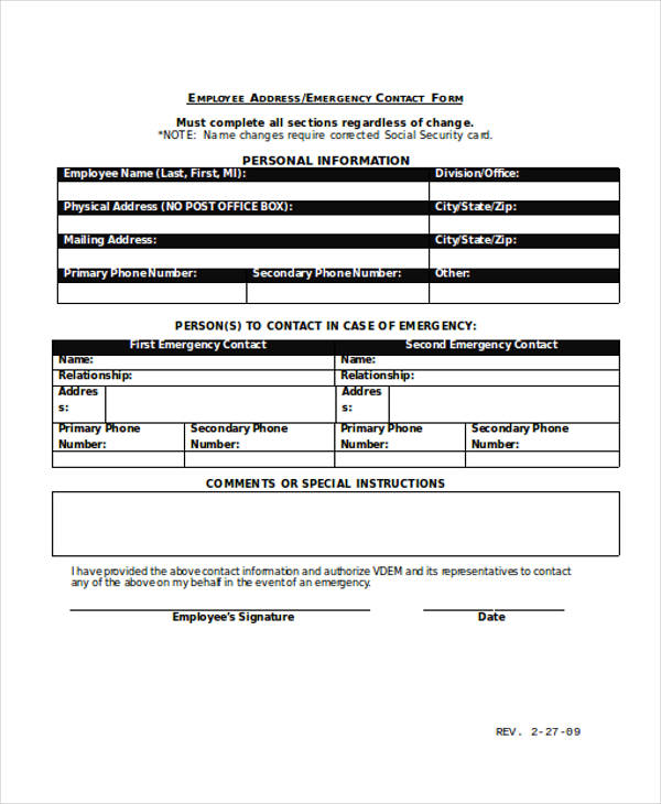 employee address emergency contact form