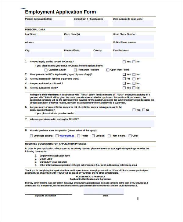 employee application form format