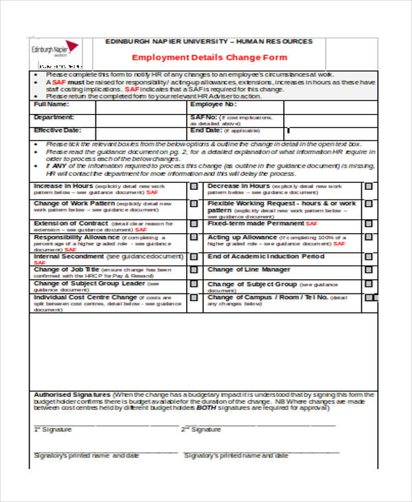 employee change notice form