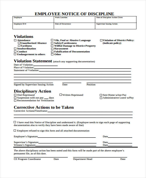 employee discipline notice form