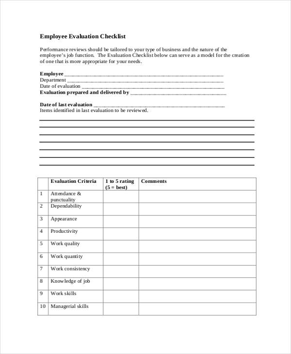 employee evaluation checklist form
