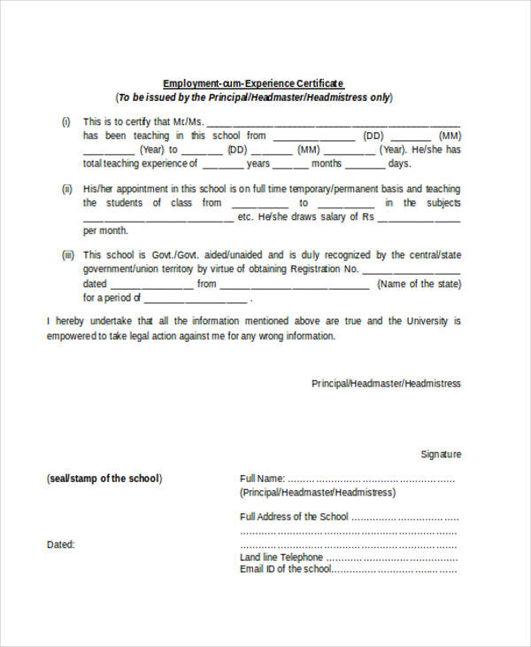 employee experience certificate form
