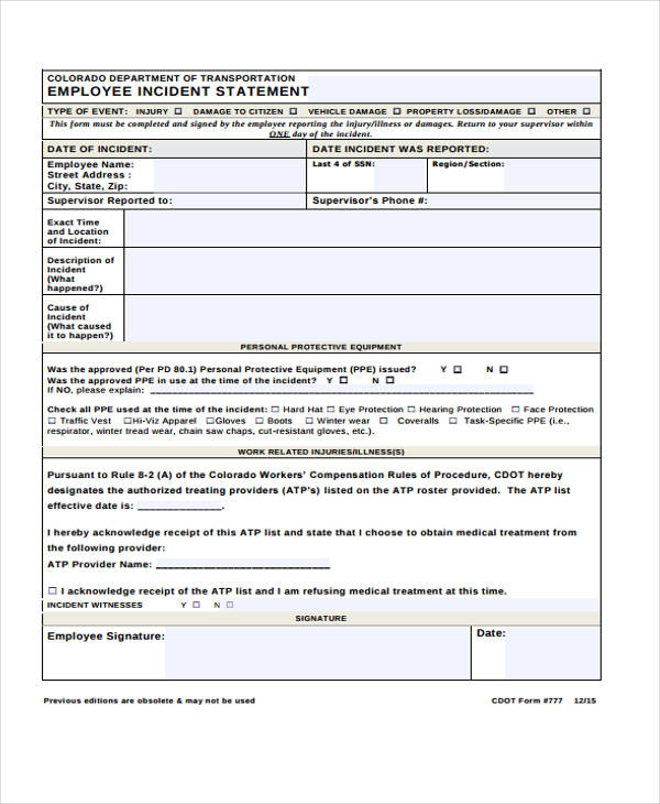 employee incident statement form