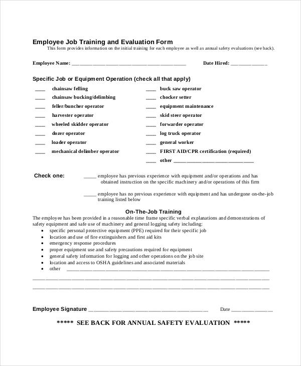employee job training evaluation form