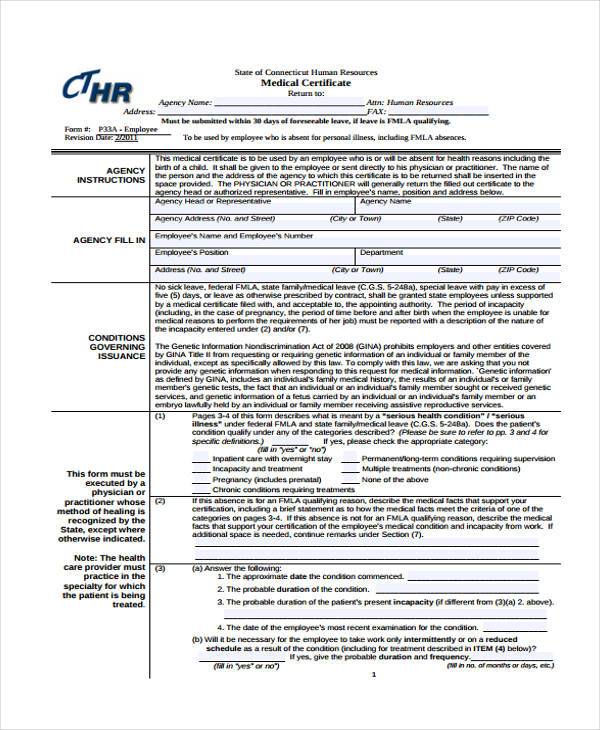 employee medical certification form