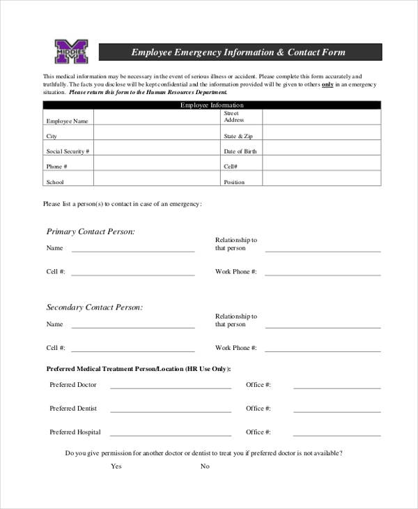 employee medical emergency contact form