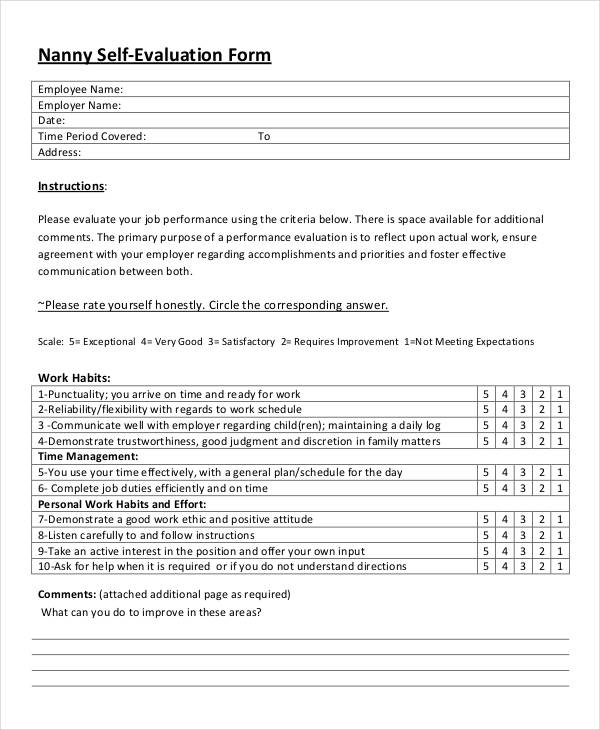 employee nanny self evaluation form