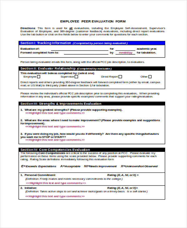 employee peer evaluation form in doc
