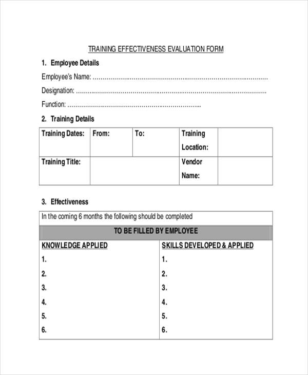 employee post training evaluation form