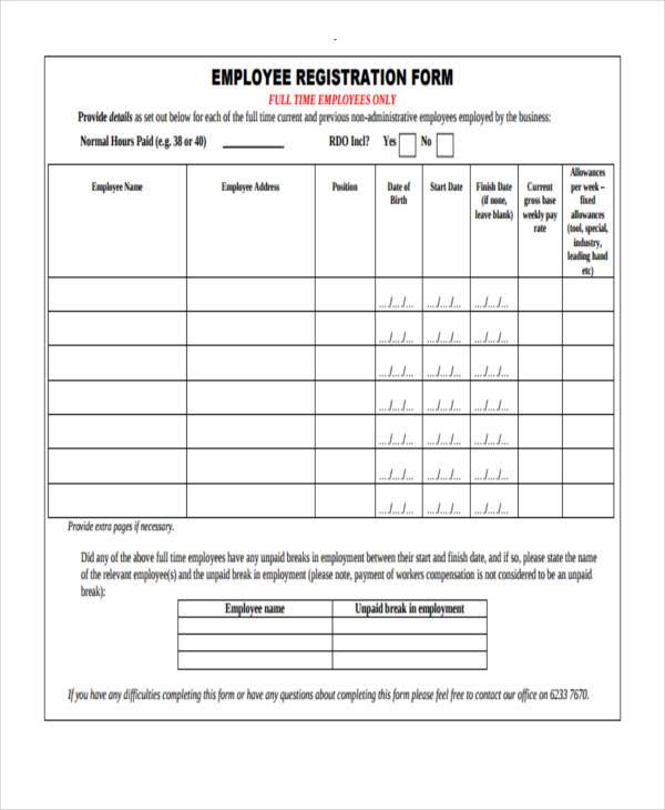 employee registration form sample