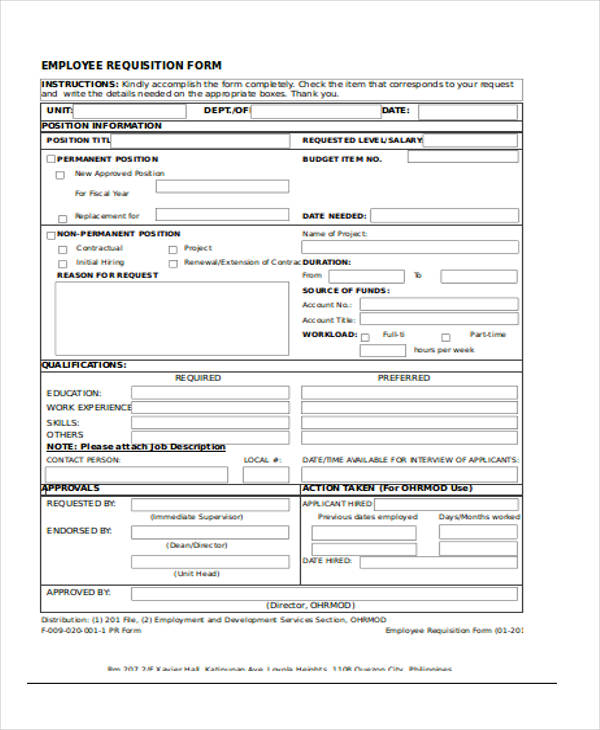 employee requisition form sample