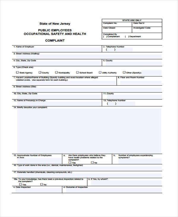 employee safety complaint form