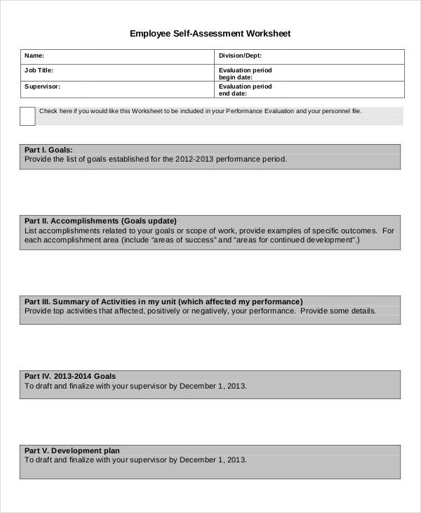 employee self assessment worksheet