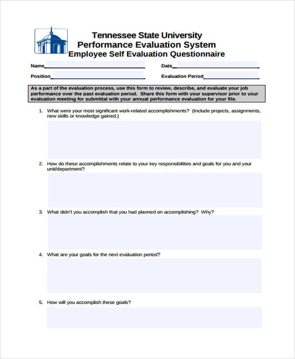 employee self evaluation questionnaire form