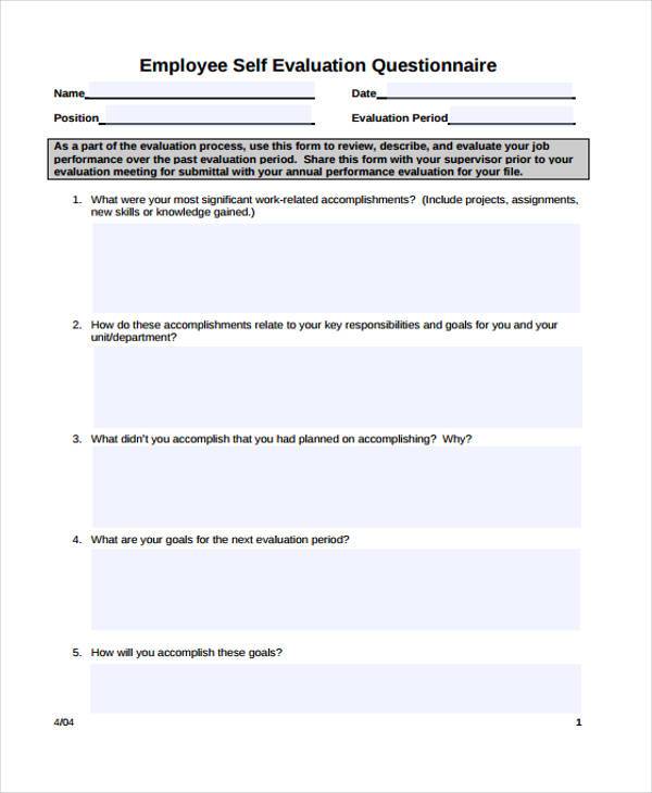employee self evaluation questionnaireform