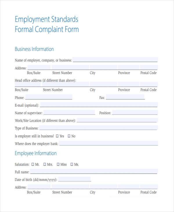 employee standards complaint form
