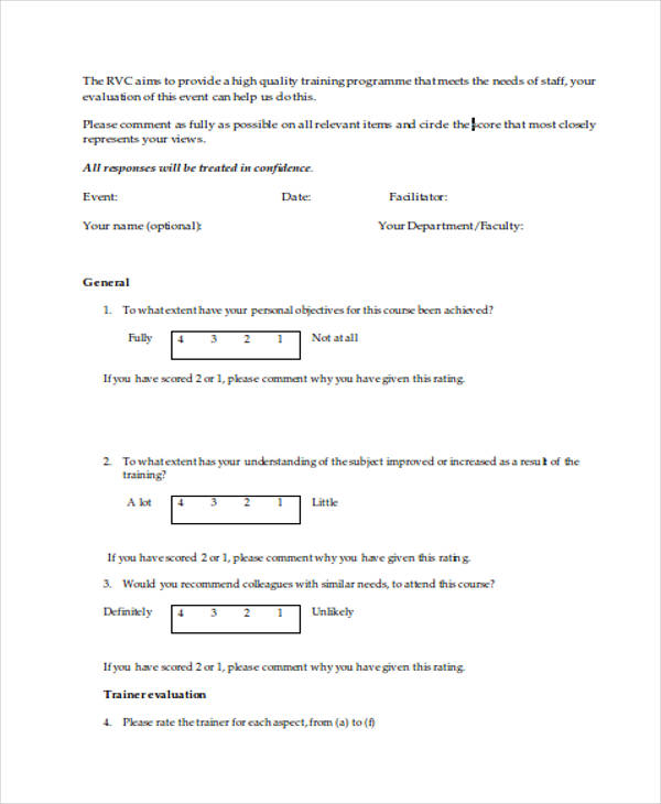 employee training course evaluation form